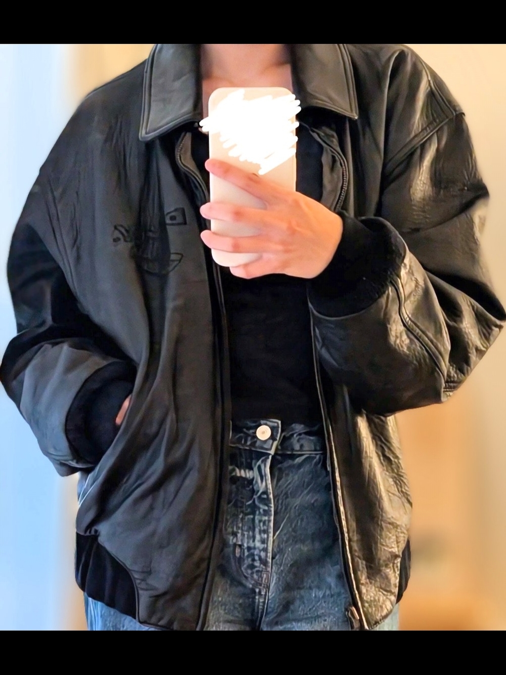 Reversible Black Leather Bomber Jacket - Oversized